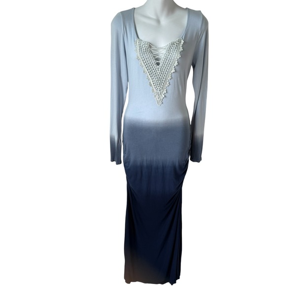 VENUS Dresses & Skirts - Venus Ruched Maxi Dress Women Sz M Blue Ombre Crochet Long Coastal Mermaidcore